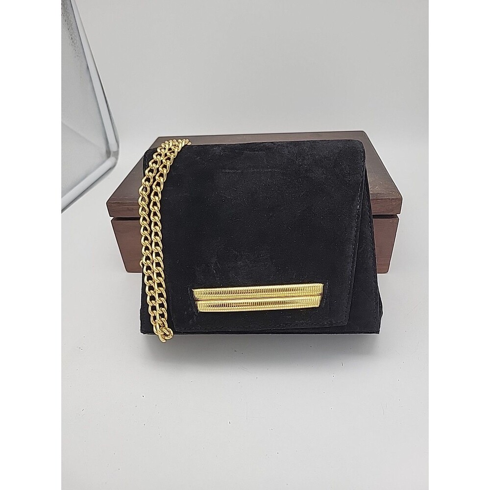Vtg Black Velvet Suede Purse Shoulder Bag Gold Trim Modern Classic Ande Chain